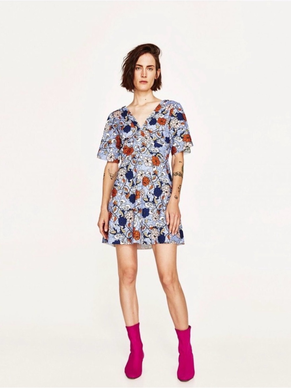 Zara Light Blue Floral V-Neck Mini Dress with Orange Accents